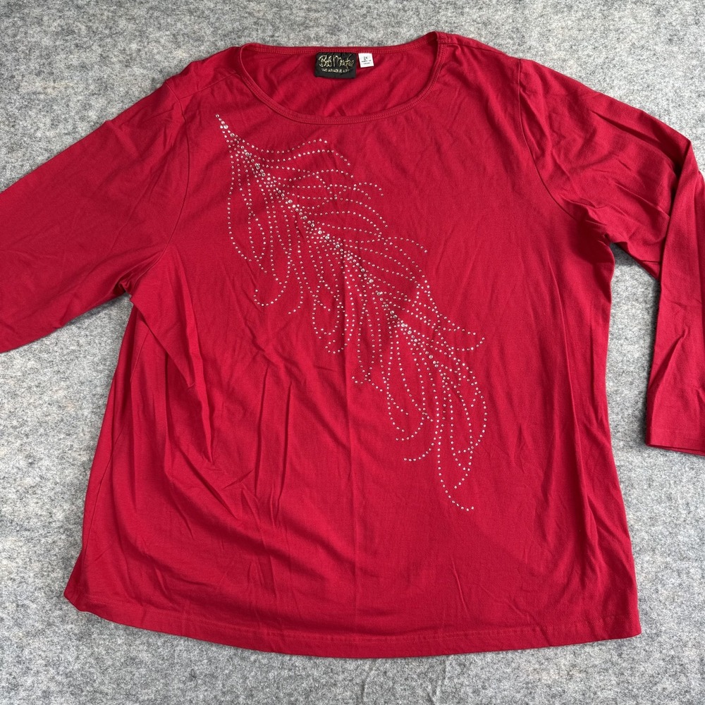 Bob Mackie Shirt Womens 2XL Red Rhinestone‎ Feather Graphic Long Sleeve Top Art